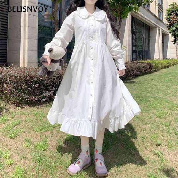 Japonais Sweet Mignon Peter Pan Collier Lolita Robe Automne Printemps Gothique Victorien Midi Blanc Ange Kawaii Taille Haute Fête 210520