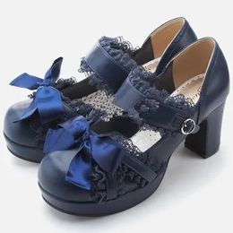 Japanse zoete kant lolita prinses schoenen schattig boog ronde hoofd zwart waterdicht platform college dames schoenen 240515