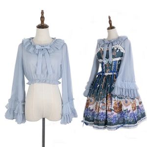 Japonais doux Lolita Blouses femmes Kawaii dentelle nœud col à volants haut court filles été décontracté lâche à manches longues en mousseline de soie chemises 240306