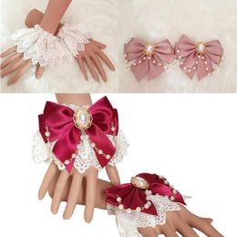 Japonais doux Lolita main poignets poignets double couche dentelle florale Bowknot bracelet bracelet imitation perle chaîne bijoux femme de chambre Te F262i