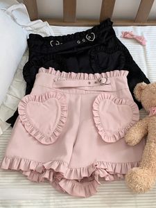 Japanse zoete lolita shorts dames gotische liefde ruches pocket hoge taille korte broek schattige meisjes harajuku zwart roze y2k shorts 240408