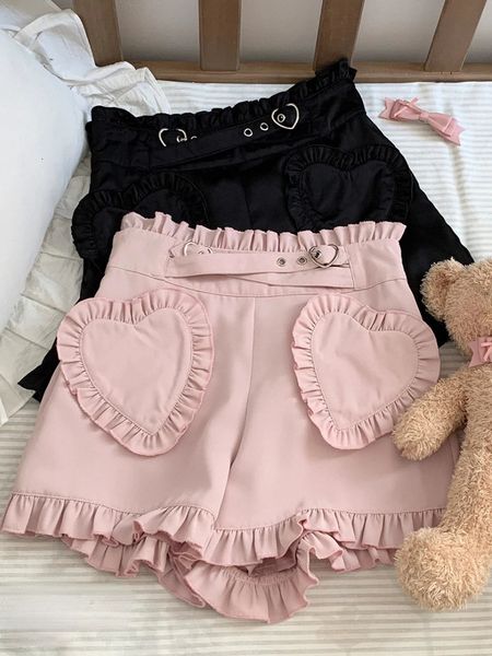 Japonais Sweet Lolita Shorts Femmes Gothique Amour Volants Poche Taille Haute Pantalon Court Filles Mignonnes Harajuku Noir Rose Y2k Shorts 240323