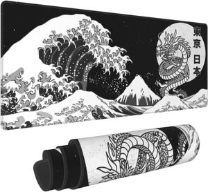 Japanse Tokyo Zwart-witte Draak Kanagawa Grote Golf Zee Muismat Mousepad Uitgebreide XL Gestikte Rand Rubberen Zool 31.5X11.8