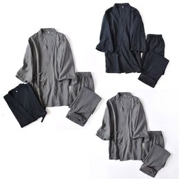 Pyjama traditionnel japonais peignoir ensembles Kimono vêtements de nuit pour homme Yukata chemise de nuit coton vêtements de loisirs chemise de nuit Louge Wear 211110
