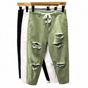 Tendance japonaise nouveaux hommes trou déchiré Jeans blanc vert noir longueur cheville jeunesse Fi lâche Denim Harem Cargo pantalon h5R9 #
