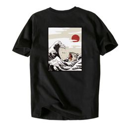 Japonais Ukiyo chat imprimé Streetwear t-shirts 100% coton été hommes Hip Hop décontracté à manches courtes hauts t-shirts homme Tshirts265V