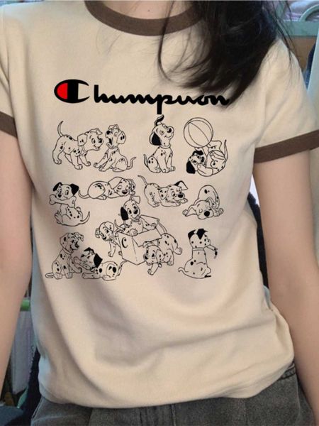 Versión japonesa Campeón de verano Camiseta de manga corta con contraste de color para mujer Camisa holgada con estampado de perro divertido y adelgazante en la parte delantera del hombro