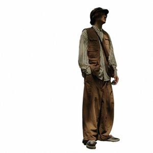Ensemble vintage japonais pour hommes et femmes, gilet cargo multi-poches, chemise à manches rayées, pantalon décontracté ample, trois pièces, printemps-automne, d75V #