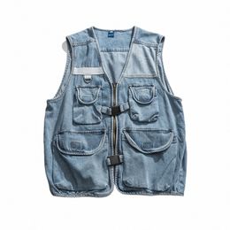 Japonais Vintage Zip Up Wed Denim Vest Trendy Multi Pocket Cargo Denim Jacket pour hommes surdimensionnés Sleevel Jeans Vestes 15sB #