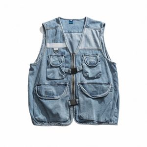 Japanse Vintage Zip Up Wed Denim Vest Trendy Multi Pocket Cargo Denim Jas voor heren Oversized Sleevel Jeans Jassen 15sB #