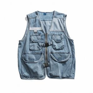 Japonais Vintage Zip Up Wed Denim Vest Trendy Multi Pocket Cargo Denim Jacket pour hommes surdimensionnés Sleevel Jeans Vestes c5e4 #