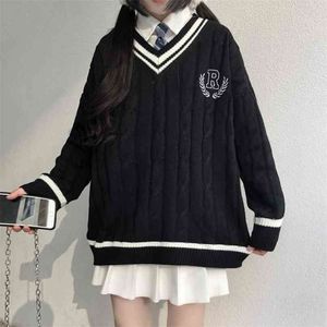 Japonais porter pull Jk pull lâche col en v régulier manches longues étudiant évider tricot femmes 210819