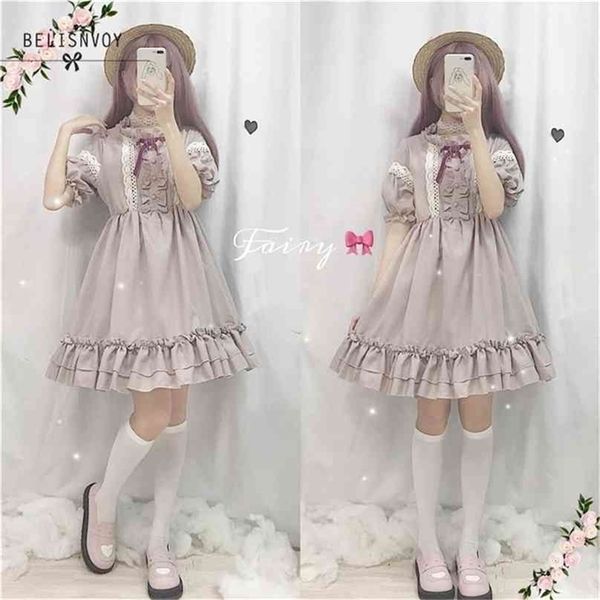 Femmes japonaises Lolita dentelle volants Kawaii robes à manches courtes taille haute Cosplay Preppy Style Vintage rose fête 210520