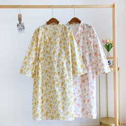 Japanse dames puur katoen dubbellaags gaas katoenen kimono trekkoord lange mouwen huisjurk, pyjama, badjas, badjas, zomergewaad