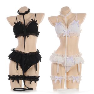 Japanese Women Sex Lingerie Set Bdsm Clothing Lace Ruffle Sex Underwear Kawaii Costume Garter Maid Transparent Exotic Sleepwear 220303