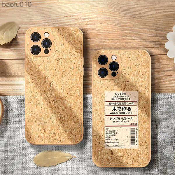 Funda de teléfono con etiqueta de grano de madera japonesa para iPhone 14 13 12 11 Pro Max XR X XS Max 14 7 8 Plus cubierta de pareja de refrigeración de fibra de corcho suave L230619