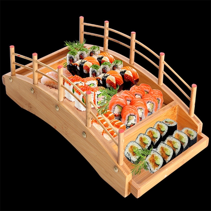 Japanskt träkuisin sushi bridge båtar tall kreativ sushi sashimi platta tallrik sushi bordsartiklar dekoration prydnad t200227
