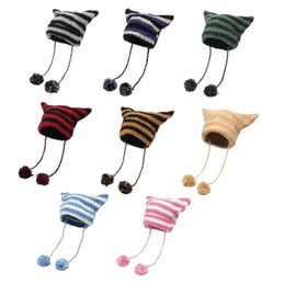 Japonais Y2K mignon noir blanc rayé oreilles de chat chapeau de laine femmes automne hiver chaud petit diable suspendu boule tricoté bonnet chapeau 240314