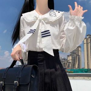 Camisas japonesas Y2k con cuello de marinero bordado para mujer, Top de manga larga a rayas estilo Kawaii Preppy, blusa blanca Harajuku