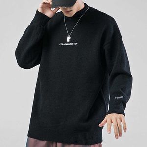 Japanesestyle Trui Mannen Winter Hip Hop Streetwear Brief Effen Kleur Pullover O-hals Oversize Retro Heren Sweaters 210603