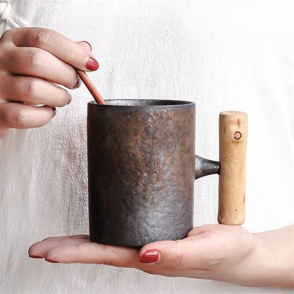 Tasse à café en céramique vintage de style japonais gobelet rouille glaçure thé lait bière avec manche en bois tasse à eau bureau à domicile verres 220809