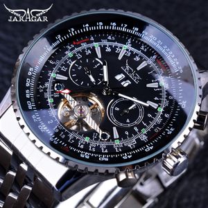 Jaragar Aviator Series Silver en acier inoxydable Toubillion Design Scale DIAL MENTES MONTRES TOP Brand Luxury Automatic Watch Clock D18284L