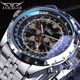 Diseño de vidrio azul jaragar Silvato negro Automático Reloj de acero inoxidable Reloj Luminous Men Business Mechanical Wristwatch 240407
