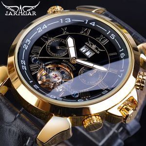 Jaragar Golden Tourbillon Relojes mecánicos Calendario automático para hombres Cinturón de cuero genuino negro Vestido de pulsera Reloj Relogio Q0902