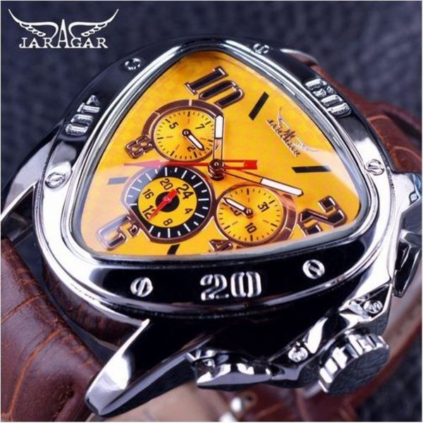 Jaragar Sport Diseño de moda Caja triangular geométrica Correa de cuero marrón Reloj de hombre con 3 esferas Reloj automático de lujo de primeras marcas Clock244V