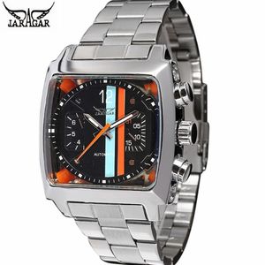 JARAGAR acier inoxydable carré Transparent boîtier arrière haute qualité mouvement automatique hommes montre mécanique homme montre-bracelet Relogi174a