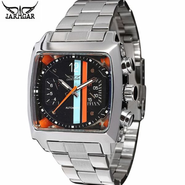 JARAGAR acier inoxydable carré Transparent boîtier arrière haute qualité mouvement automatique hommes montre mécanique homme montre-bracelet Relogi265O