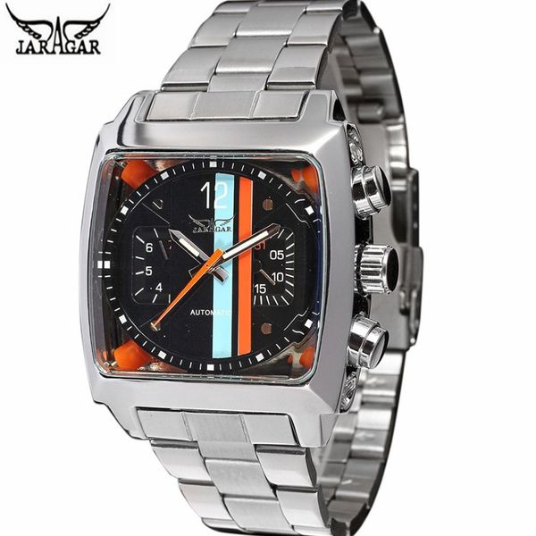 JARAGAR acier inoxydable carré Transparent boîtier arrière haute qualité mouvement automatique hommes montre mécanique homme montre-bracelet Relogi2892