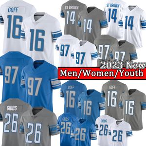 Jared Goff amon ra st bruin voetbalshirts Barry Sanders Heren gestikte jeugdkinderjersey 222