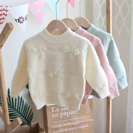 Jargazol herfst schattige trui strikje brei kleine meisjes kleding mode Koreaanse trui kinderen outfits warme winter tops 211104
