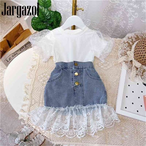 Jargazol Moda Niños Ropa Puff Manga Shirtlace Denim Falda Coreana Verano Niñas Ropa Conjunto Lindo Niños Trajes 210326