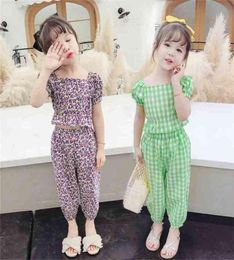 Jargazol Zomer Meisjes Ruche Outfits Bloem Plaid Kinderkleding Mode Toppants Schattig Koreaans Kledingset Voor Kleine Meisjes 2108045095492