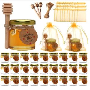 Pots 10/20PACK 1.5oz Mini pot de miel en verre petits pots de miel hexagonaux avec trempette en bois couvercle en or breloques d'abeille sacs cadeaux en or
