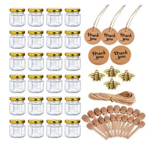 Mini pots à miel de 1.5oz, 10/20 pièces, petits pots à miel pour cadeaux de fête, couvercles dorés, étiquettes à breloques en forme d'abeille, ficelle de Jute, cadeau mignon à emporter à la maison