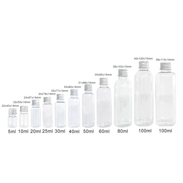 Frascos 100 Uds. Kit de viaje de botellas de plástico transparente PET recargable de 5ml a 100ml frascos portátiles con tapa de rosca de aluminio a prueba de fugas saludables