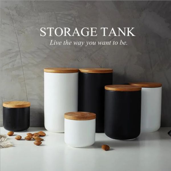 Pots de stockage en céramique scellés de 260ML/800ML/1000ML, avec couvercle en bambou, conteneur de réservoir d'épices, bouteille de nourriture de cuisine, caddie de café et de thé