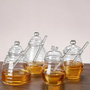 Potten 280500ml Glazen Honingpot Honing Dispenser Met Dipper Transparante Unieke Bijenkorf Vorm Honeypot Thuis Keuken Gereedschap Voedsel opslag