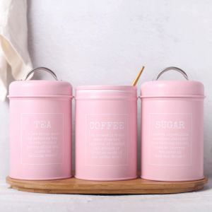 Pots 3Pack boîtes de boîtes à thé en étain avec couvercles hermétiques 10 x 17 cm pour étui à pilules, thé en vrac, sucre et café rose