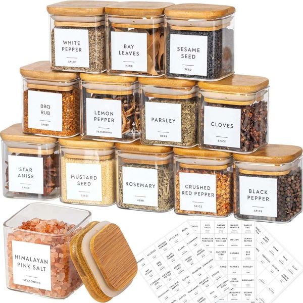 Juego de tarros de vidrio de 5 onzas con etiquetas para especias, tarros de especias cuadrados con tapas de bambú/etiquetas adhesivas, recipientes para almacenamiento de alimentos