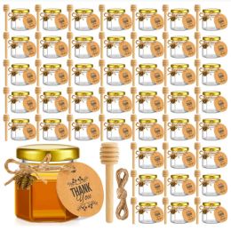 Pots Mini pots de miel hexagonaux en verre, 60 pièces, petits pots de miel avec couvercles dorés pour fête prénatale, cadeaux de mariage et de fête
