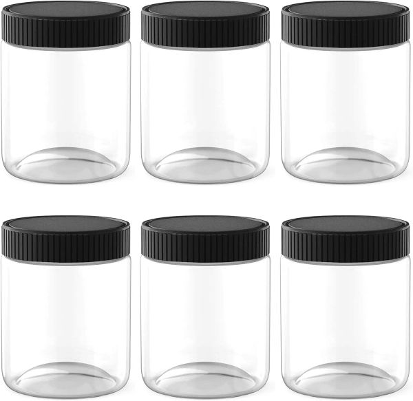 Frascos de plástico transparente de 8 onzas con tapas negras, recipientes de almacenamiento de cocina recargables para alimentos secos, café, nueces y más, paquete de 6