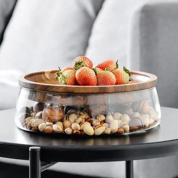 Bocaux C2 Creative Verre Noix Et Boîte De Rangement De Fruits Secs Conteneur Double Couche Boîte De Rangement De Bonbons Avec Couvercle En Bois Pour L'approvisionnement De Cuisine À Domicile