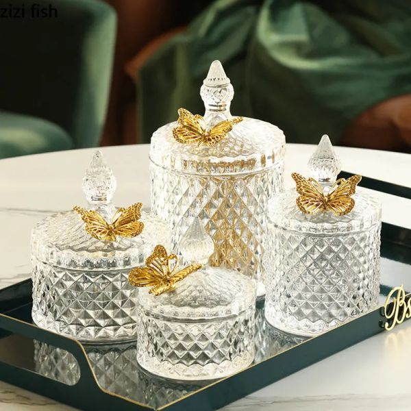Pots Pot de bonbons en verre de cristal de papillon doré créatif boîte de rangement exquise bijoux petit objet pot de stockage récipient en verre artisanat