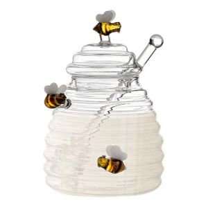 Potten Glazen honingcontainer Kristallen honingpot met deksel en lepel Suikeropslagpotten Honingflessen Honingcontainers Doorzichtige honingpotten
