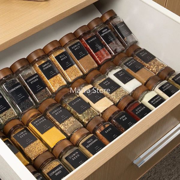 Frascos Frascos de especias de vidrio con etiquetas Botellas de especias cuadradas vacías de 4 oz con tapa de madera de acacia Tapas de coctelera