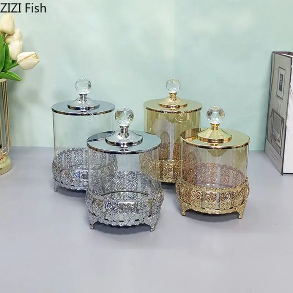 Pots Pot de bonbons en verre cristal doré/argent, pot de rangement à motif creux, boîte à thé, décoration de bureau, boîte à bijoux, conteneurs cosmétiques